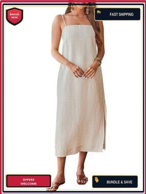 100% Linen Midi Dress Square Neck Sleeveless Spaghetti Strap Summer Holiday